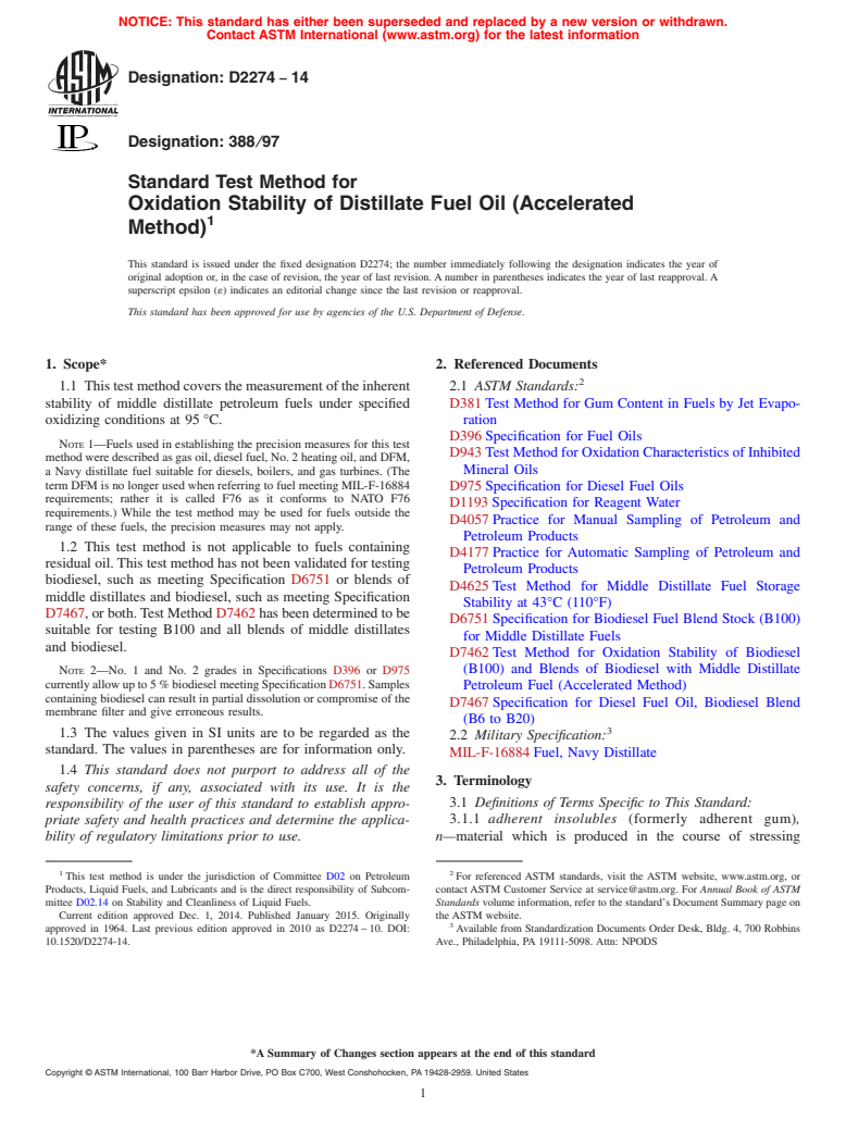 ASTM D2274-14 - Standard Test Method for  Oxidation Stability of Distillate Fuel Oil (Accelerated Method)