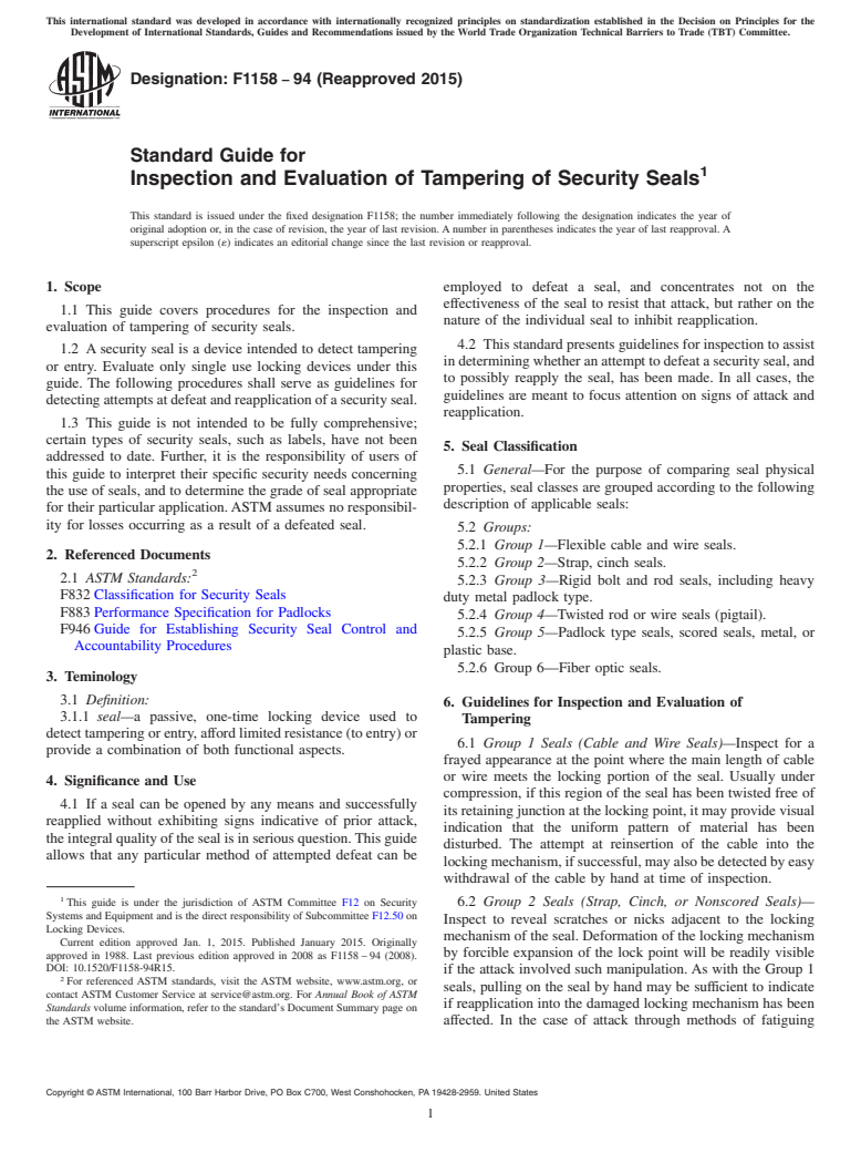 ASTM F1158-94(2015) - Standard Guide for  Inspection and Evaluation of Tampering of Security Seals