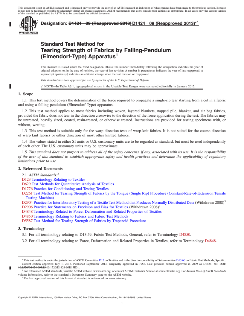 REDLINE ASTM D1424-09(2013)e1 - Standard Test Method for  Tearing Strength of Fabrics by Falling-Pendulum (Elmendorf-Type)  Apparatus