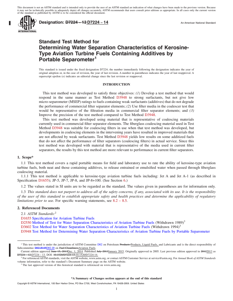 REDLINE ASTM D7224-14 - Standard Test Method for Determining Water Separation Characteristics of Kerosine-Type  Aviation Turbine Fuels Containing Additives by Portable Separometer