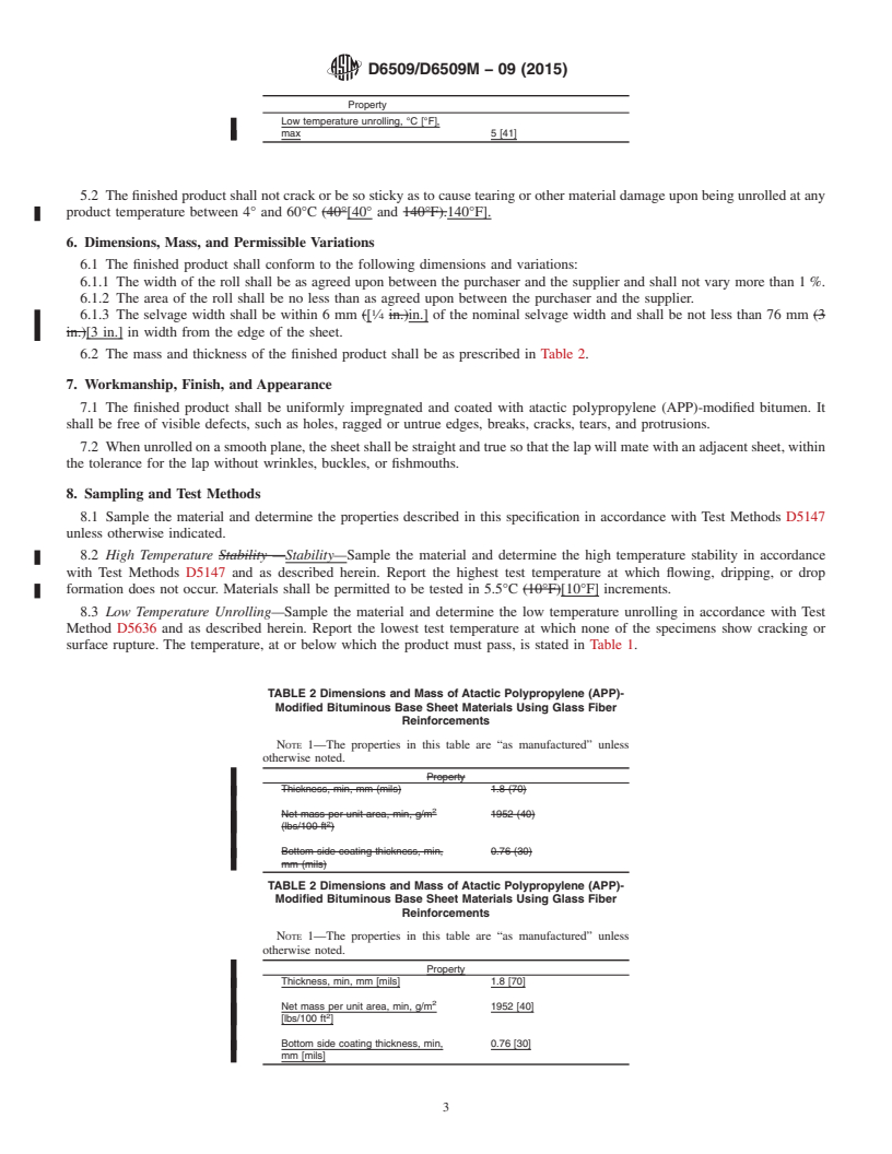 REDLINE ASTM D6509/D6509M-09(2015) - Standard Specification for  Atactic Polypropylene (APP) Modified Bituminous Base Sheet  Materials Using Glass Fiber Reinforcements