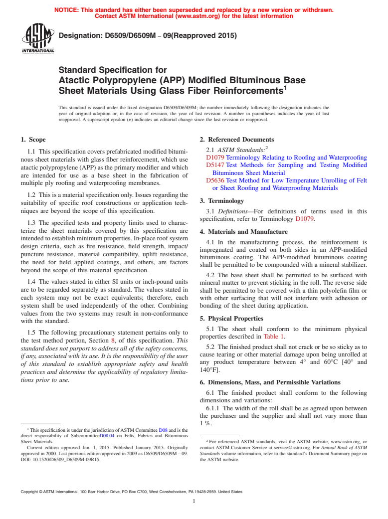 ASTM D6509/D6509M-09(2015) - Standard Specification for  Atactic Polypropylene (APP) Modified Bituminous Base Sheet  Materials Using Glass Fiber Reinforcements