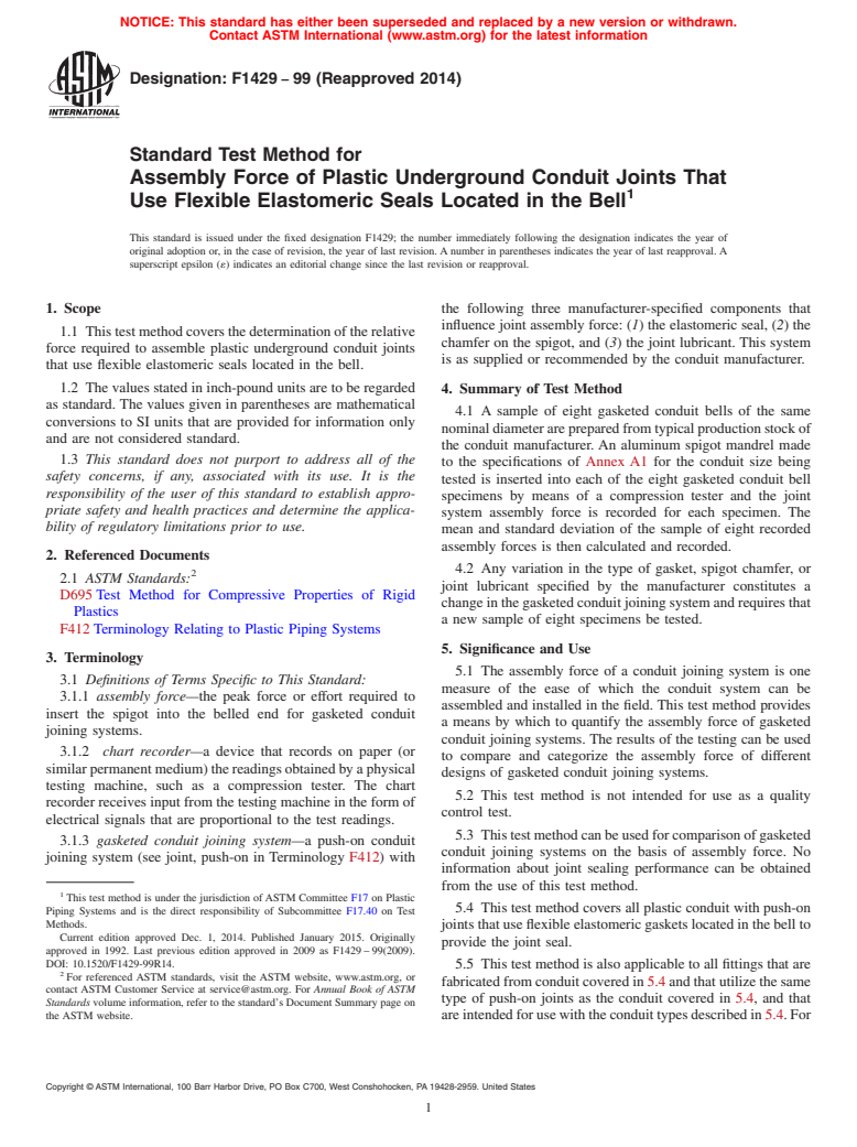 ASTM F1429-99(2014) - Standard Test Method for  Assembly Force of Plastic Underground Conduit Joints That Use  Flexible Elastomeric Seals Located in the Bell