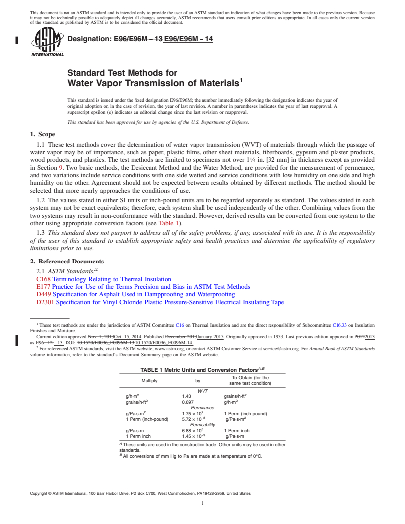 REDLINE ASTM E96/E96M-14 - Standard Test Methods for Water Vapor Transmission of Materials