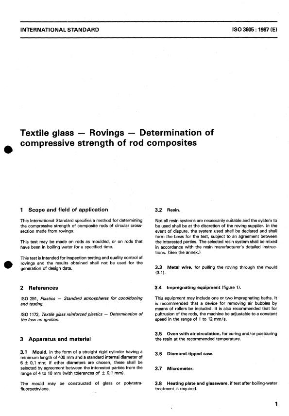 ISO 3605:1987 - Textile glass -- Rovings -- Determination of compressive strength of rod composites