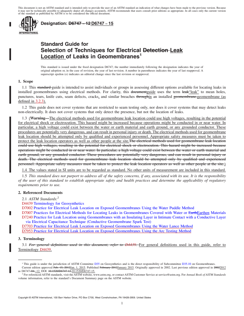 REDLINE ASTM D6747-15 - Standard Guide for Selection of Techniques for Electrical Leak Location of Leaks  in Geomembranes