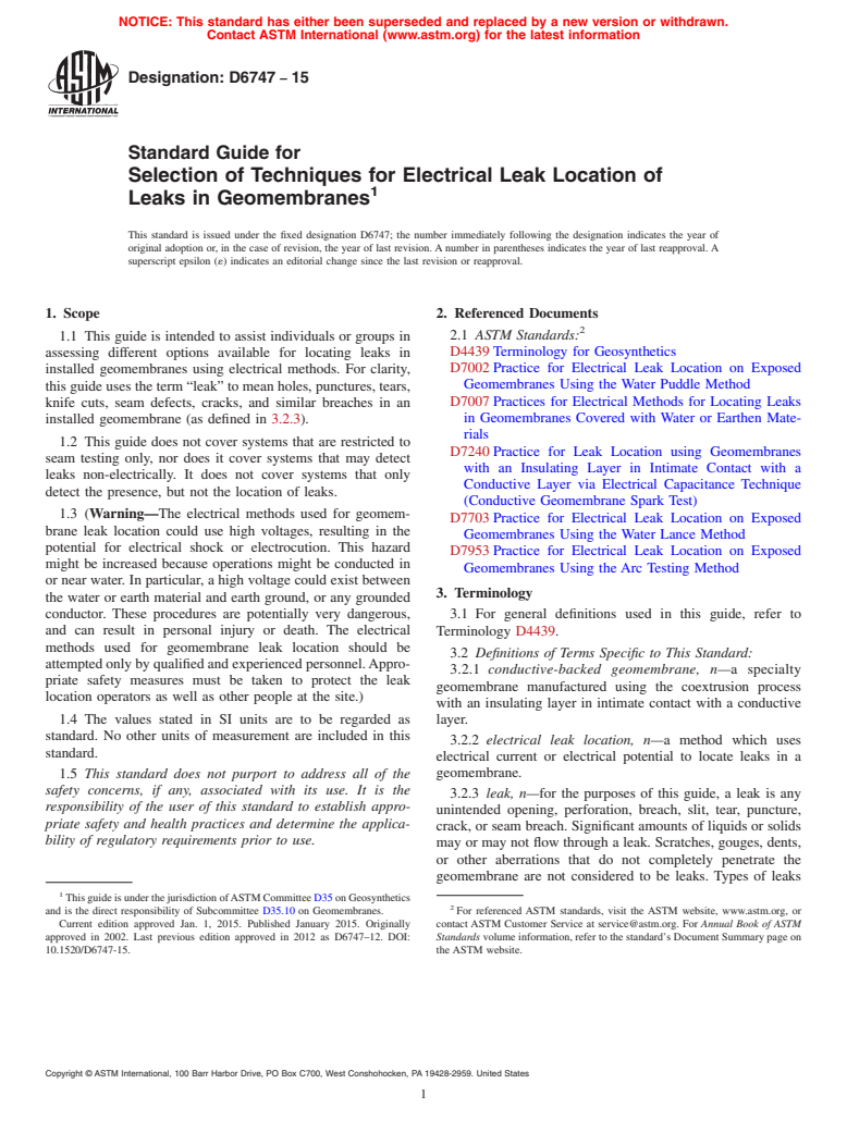 ASTM D6747-15 - Standard Guide for Selection of Techniques for Electrical Leak Location of Leaks  in Geomembranes