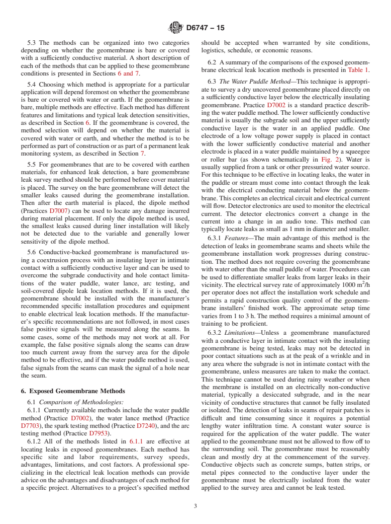 ASTM D6747-15 - Standard Guide for Selection of Techniques for Electrical Leak Location of Leaks  in Geomembranes