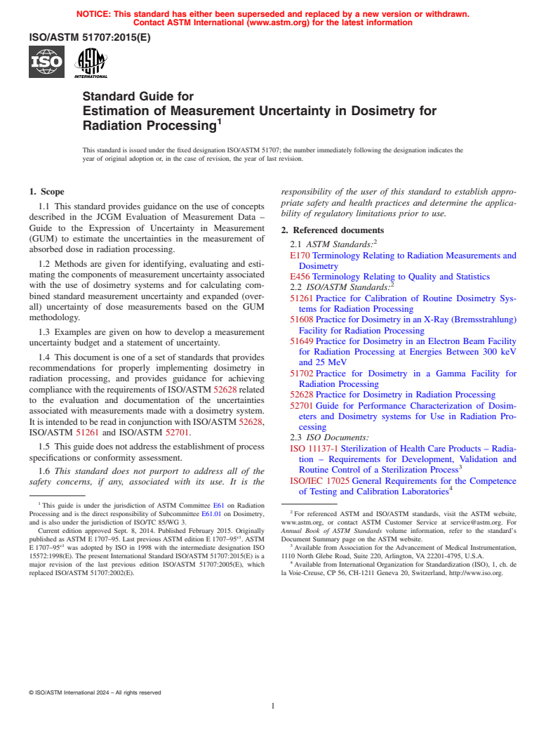 ASTM ISO/ASTM51707-15 - Standard Guide for Estimation of Measurement Uncertainty in Dosimetry for Radiation  Processing