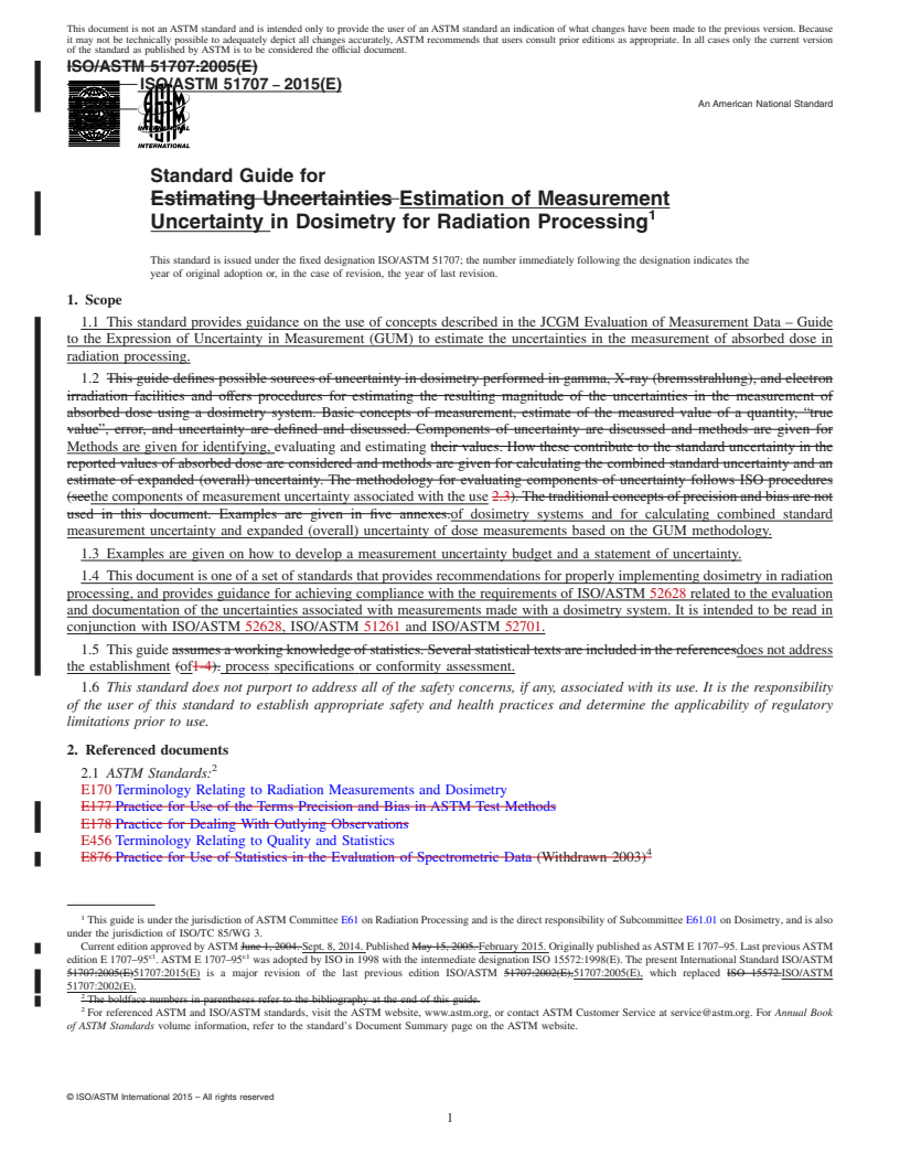 REDLINE ASTM ISO/ASTM51707-15 - Standard Guide for Estimation of Measurement Uncertainty in Dosimetry for Radiation  Processing