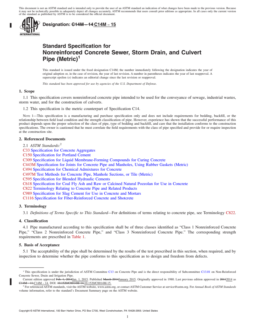 REDLINE ASTM C14M-15 - Standard Specification for  Nonreinforced Concrete Sewer, Storm Drain, and Culvert Pipe   (Metric)