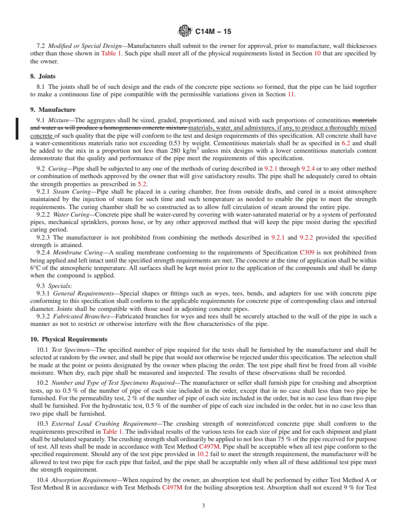 REDLINE ASTM C14M-15 - Standard Specification for  Nonreinforced Concrete Sewer, Storm Drain, and Culvert Pipe   (Metric)