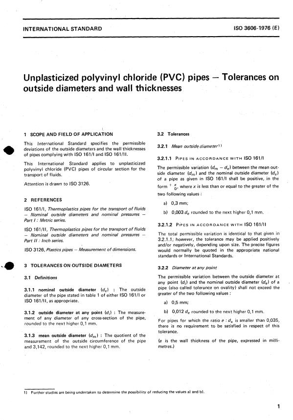 ISO 3606:1976 - Unplasticized polyvinyl chloride (PVC) pipes -- Tolerances on outside diameters and wall thicknesses