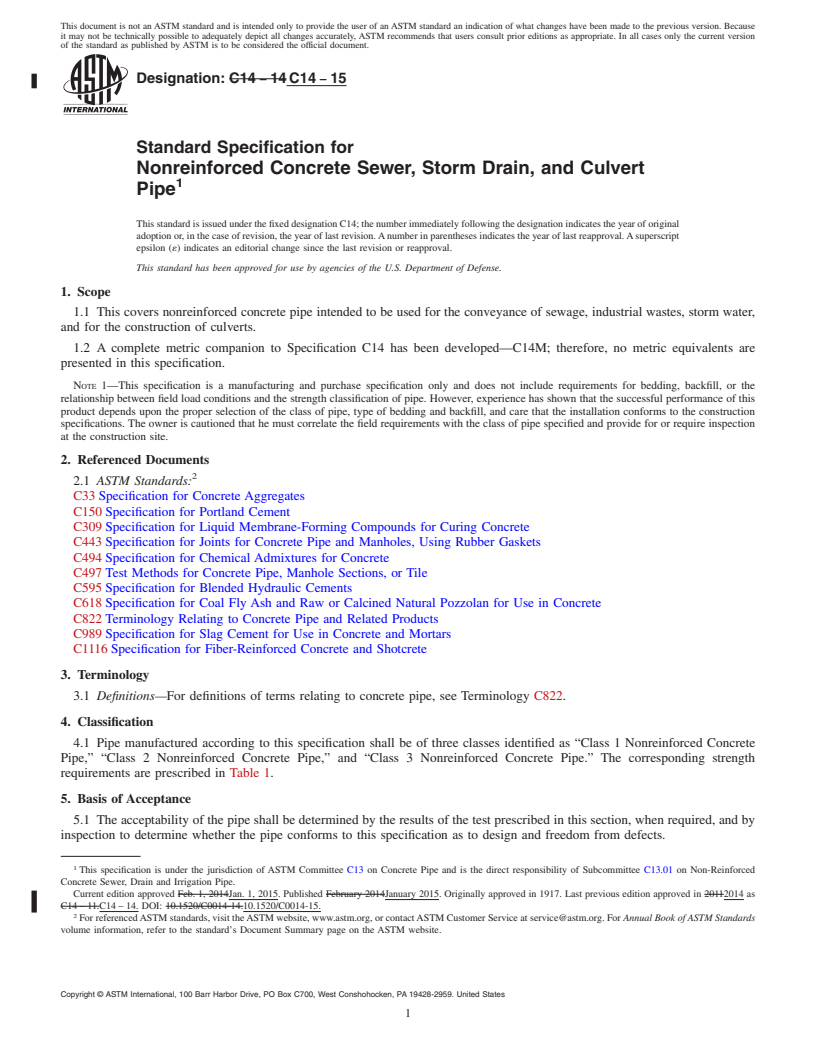 REDLINE ASTM C14-15 - Standard Specification for  Nonreinforced Concrete Sewer, Storm Drain, and Culvert Pipe