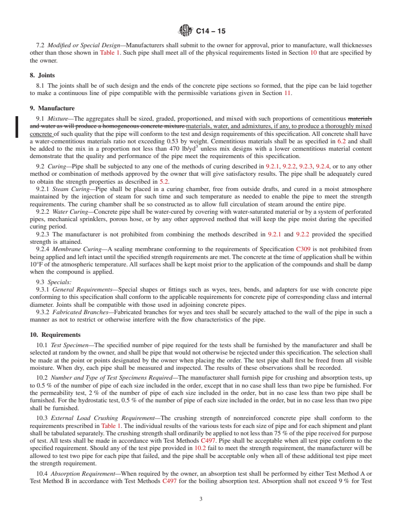 REDLINE ASTM C14-15 - Standard Specification for  Nonreinforced Concrete Sewer, Storm Drain, and Culvert Pipe