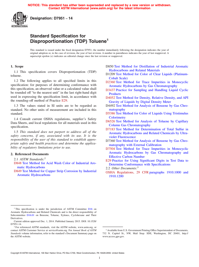 ASTM D7951-14 - Standard Specification for Disproportionation (TDP) Toluene