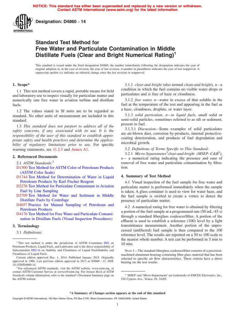 ASTM D4860-14 - Standard Test Method for  Free Water and Particulate Contamination in Middle Distillate   Fuels (Clear and Bright Numerical Rating)