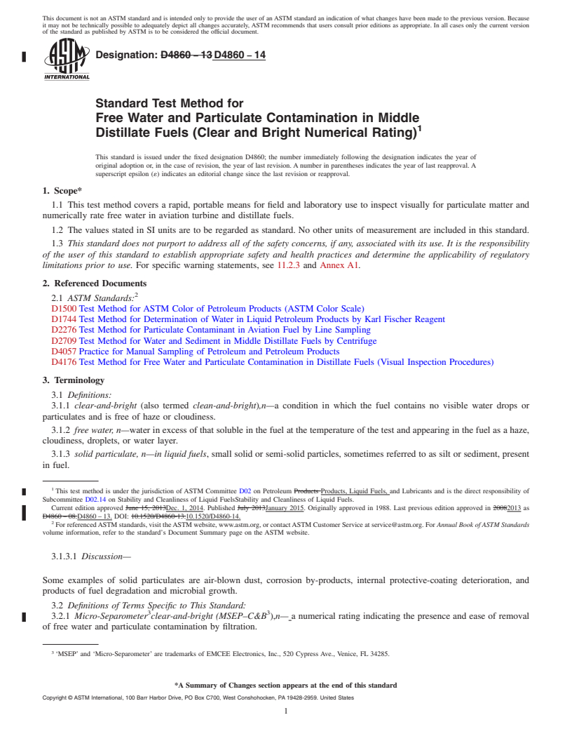 REDLINE ASTM D4860-14 - Standard Test Method for  Free Water and Particulate Contamination in Middle Distillate   Fuels (Clear and Bright Numerical Rating)