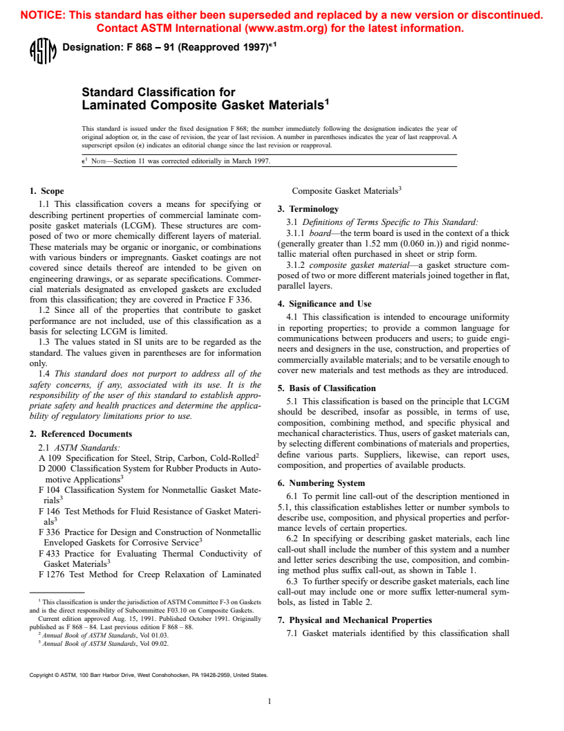 ASTM F868-91(1997)e1 - Standard Classification for Laminated Composite Gasket Materials
