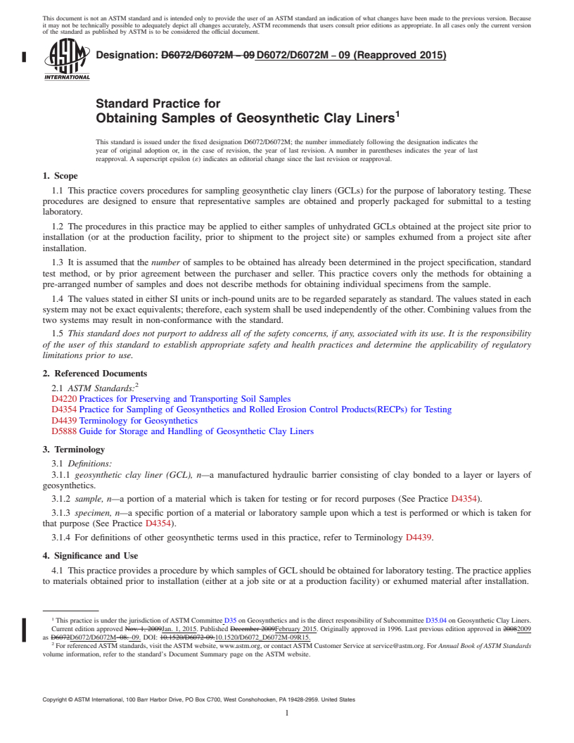 REDLINE ASTM D6072/D6072M-09(2015) - Standard Practice for Obtaining Samples of Geosynthetic Clay Liners