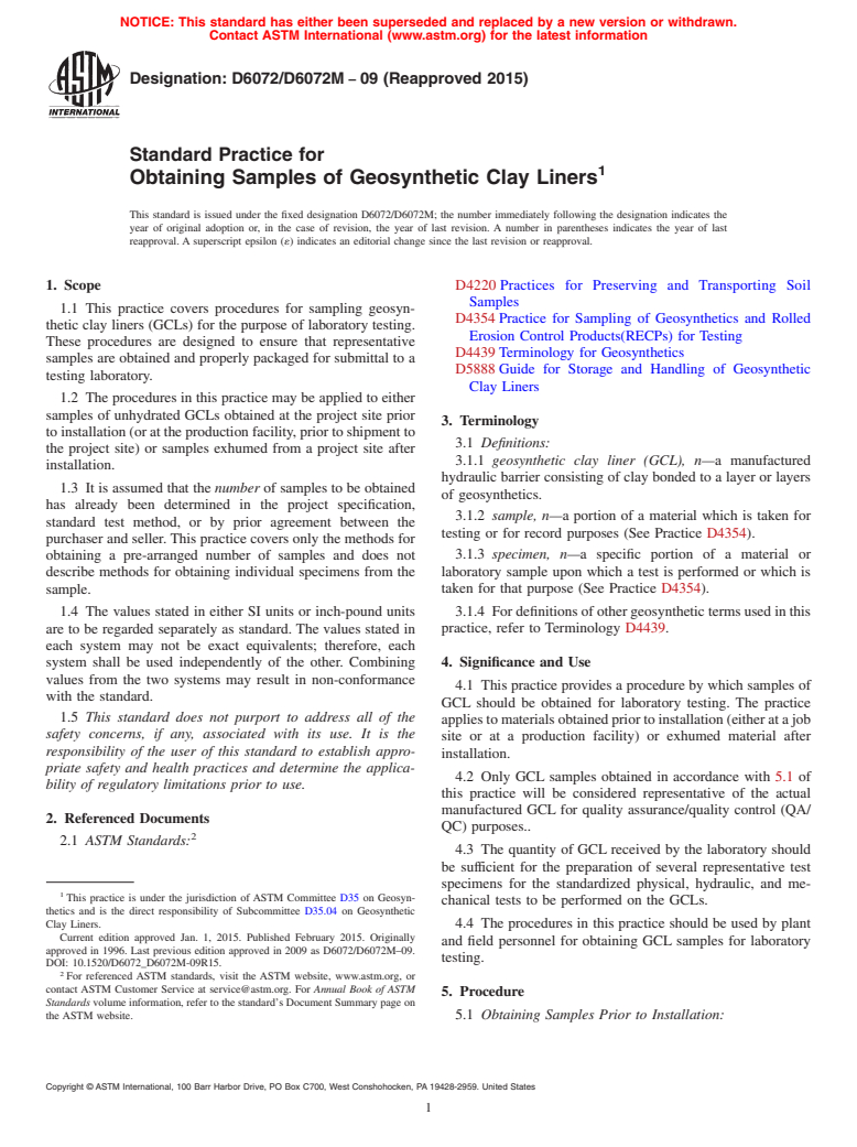 ASTM D6072/D6072M-09(2015) - Standard Practice for Obtaining Samples of Geosynthetic Clay Liners