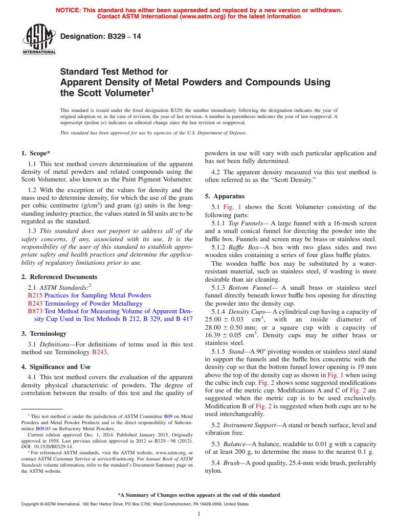 ASTM B329-14 - Standard Test Method for<brk type="line"/>  Apparent Density of Metal Powders and Compounds Using the Scott  Volumeter
