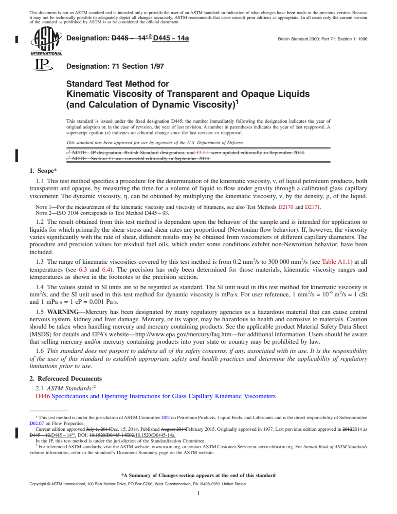 REDLINE ASTM D445-14a - Standard Test Method for  Kinematic Viscosity of Transparent and Opaque Liquids (and  Calculation of Dynamic Viscosity)