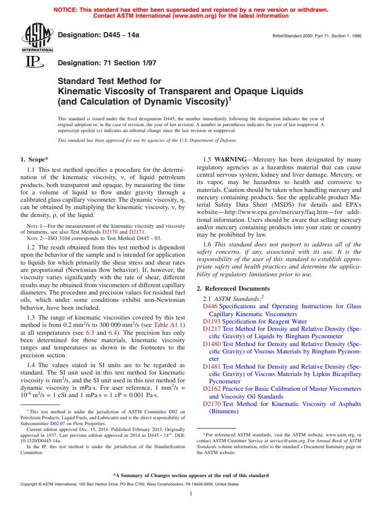 ASTM D445-14a - Standard Test Method for  Kinematic Viscosity of Transparent and Opaque Liquids (and  Calculation of Dynamic Viscosity)