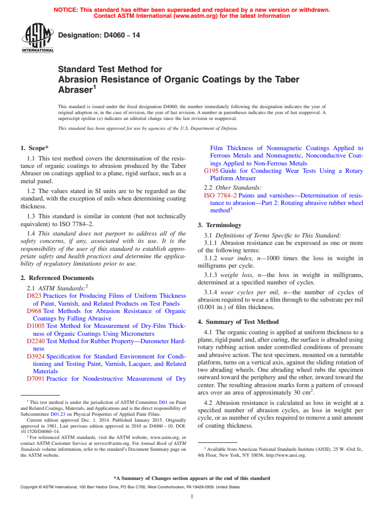 ASTM D4060-14 - Standard Test Method for Abrasion Resistance of Organic Coatings by the Taber Abraser