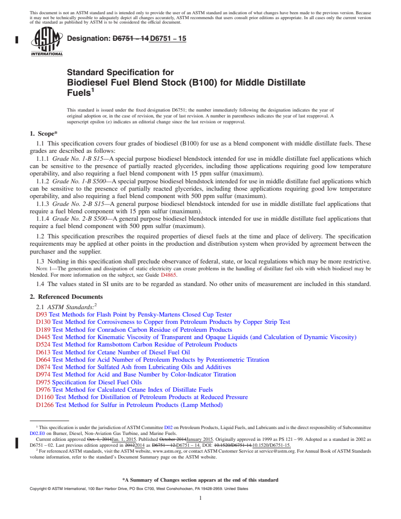 REDLINE ASTM D6751-15 - Standard Specification for Biodiesel Fuel Blend Stock (B100) for Middle Distillate Fuels