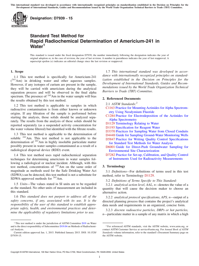 ASTM D7939-15 - Standard Test Method for Rapid Radiochemical Determination of Americium-241 in Water