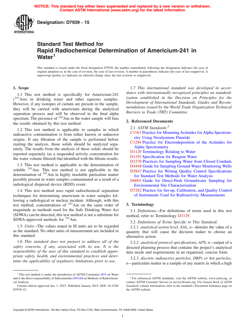 ASTM D7939-15 - Standard Test Method for Rapid Radiochemical Determination of Americium-241 in Water (Withdrawn 2024)