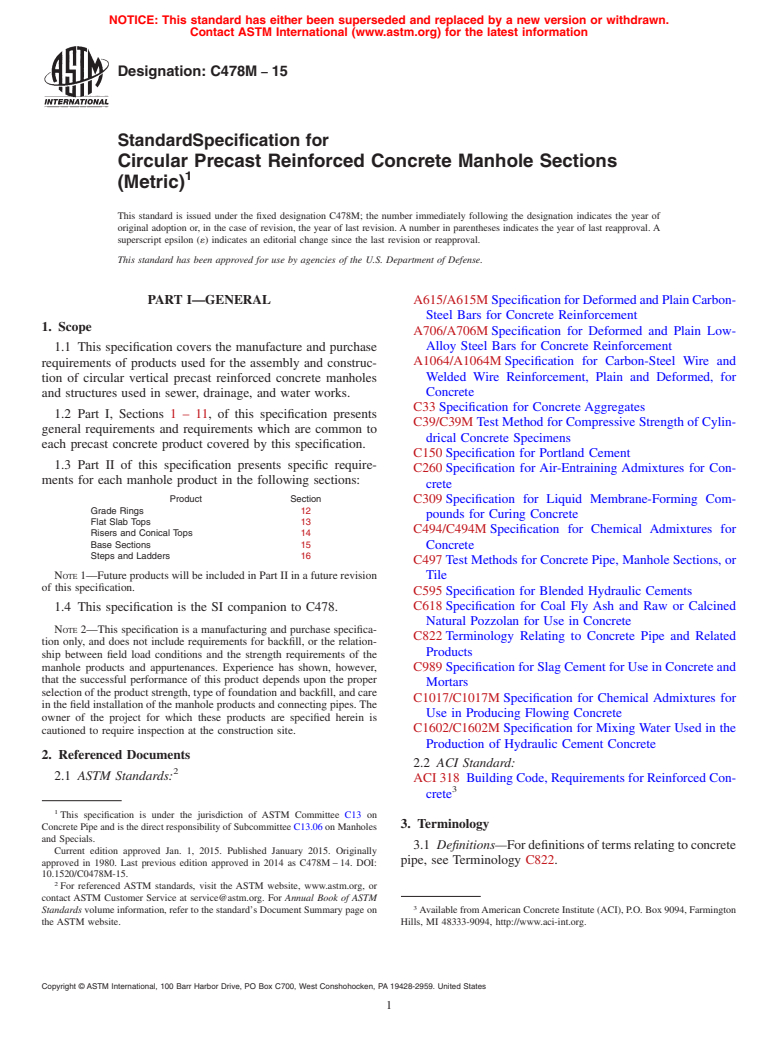 ASTM C478M-15 - Standard Specification for Circular Precast Reinforced Concrete Manhole Sections (Metric)