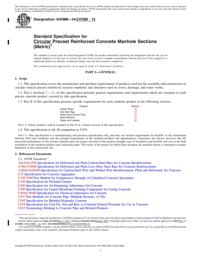 REDLINE ASTM C478M-15 - Standard Specification for Circular Precast Reinforced Concrete Manhole Sections (Metric)