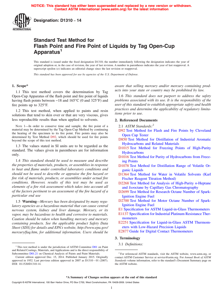 ASTM D1310-14 - Standard Test Method for Flash Point and Fire Point of Liquids by Tag Open-Cup Apparatus