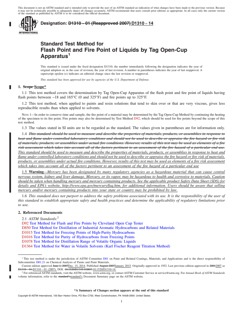 REDLINE ASTM D1310-14 - Standard Test Method for Flash Point and Fire Point of Liquids by Tag Open-Cup Apparatus