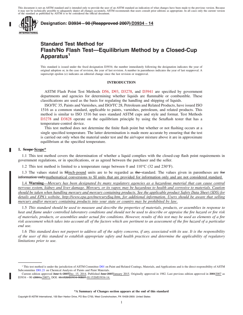 REDLINE ASTM D3934-14 - Standard Test Method for Flash/No Flash Test&mdash;Equilibrium Method by a Closed-Cup   Apparatus