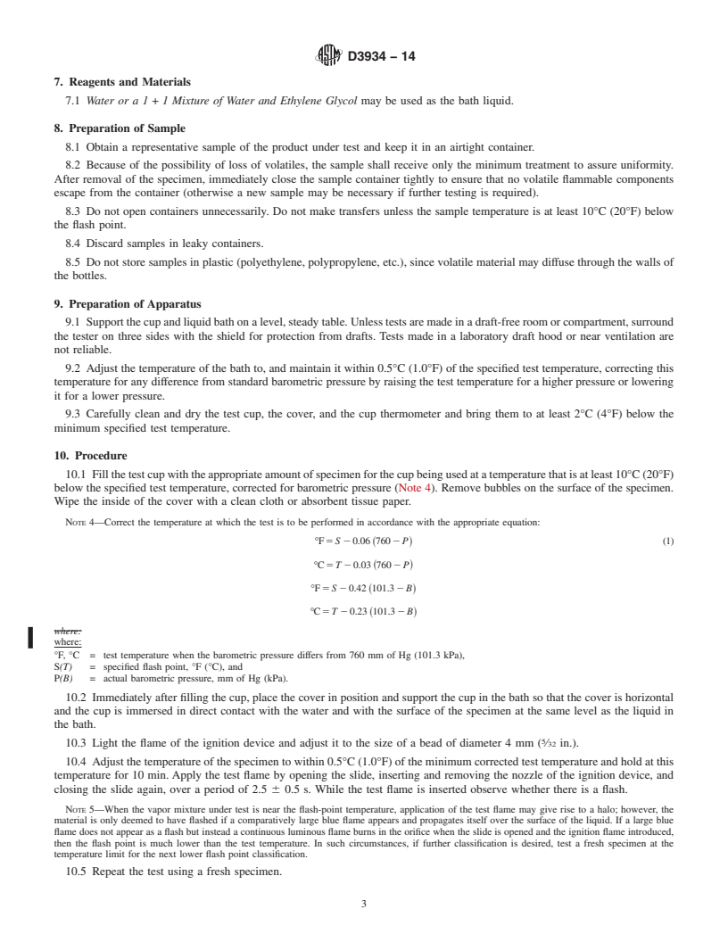 REDLINE ASTM D3934-14 - Standard Test Method for Flash/No Flash Test&mdash;Equilibrium Method by a Closed-Cup   Apparatus