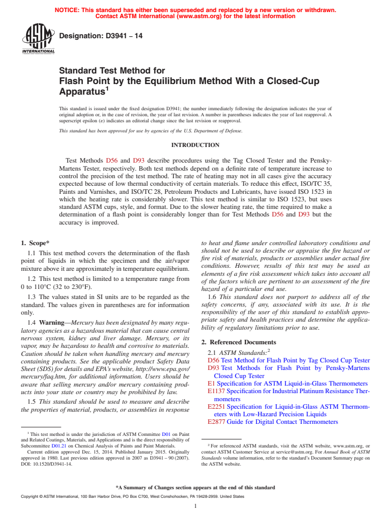 ASTM D3941-14 - Standard Test Method for Flash Point by the Equilibrium Method With a Closed-Cup Apparatus