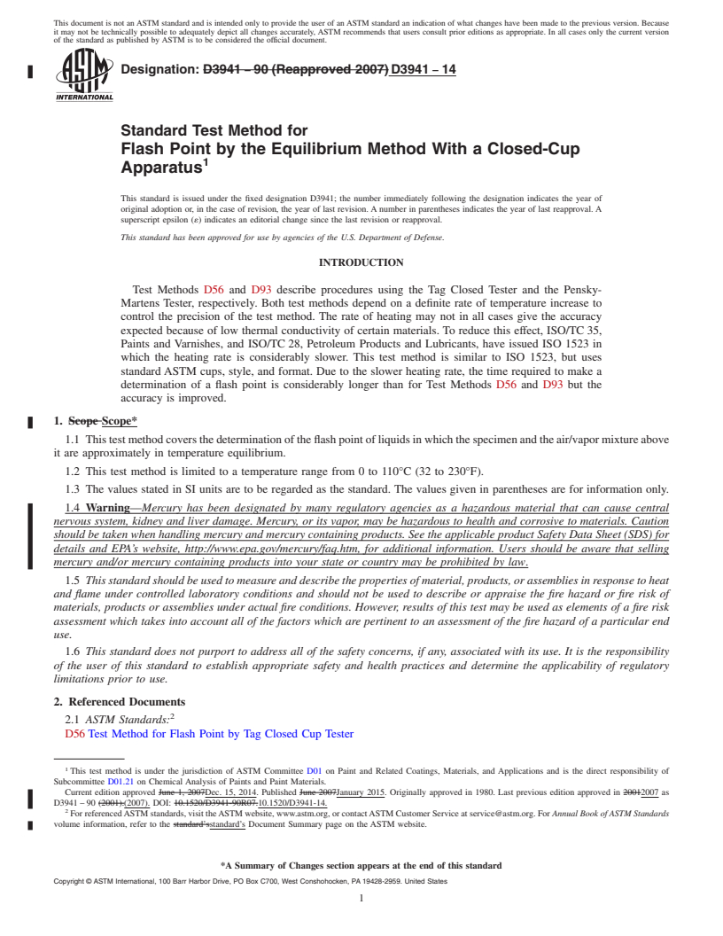 REDLINE ASTM D3941-14 - Standard Test Method for Flash Point by the Equilibrium Method With a Closed-Cup Apparatus