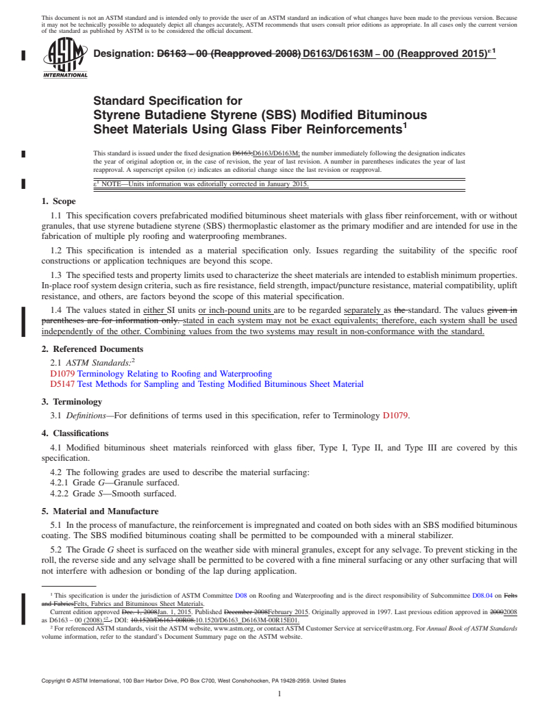 REDLINE ASTM D6163/D6163M-00(2015)e1 - Standard Specification for  Styrene Butadiene Styrene (SBS) Modified Bituminous Sheet Materials  Using Glass Fiber Reinforcements