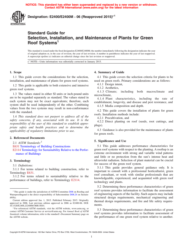 ASTM E2400/E2400M-06(2015)e1 - Standard Guide for  Selection, Installation, and Maintenance of Plants for Green  Roof Systems