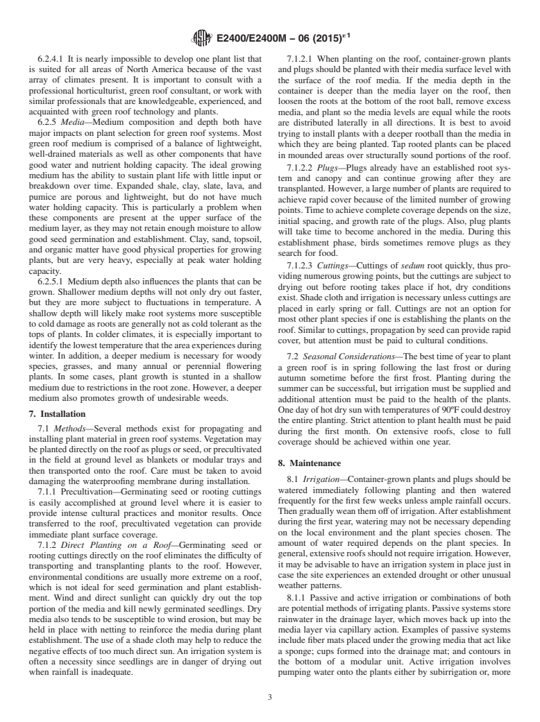 ASTM E2400/E2400M-06(2015)e1 - Standard Guide for  Selection, Installation, and Maintenance of Plants for Green  Roof Systems