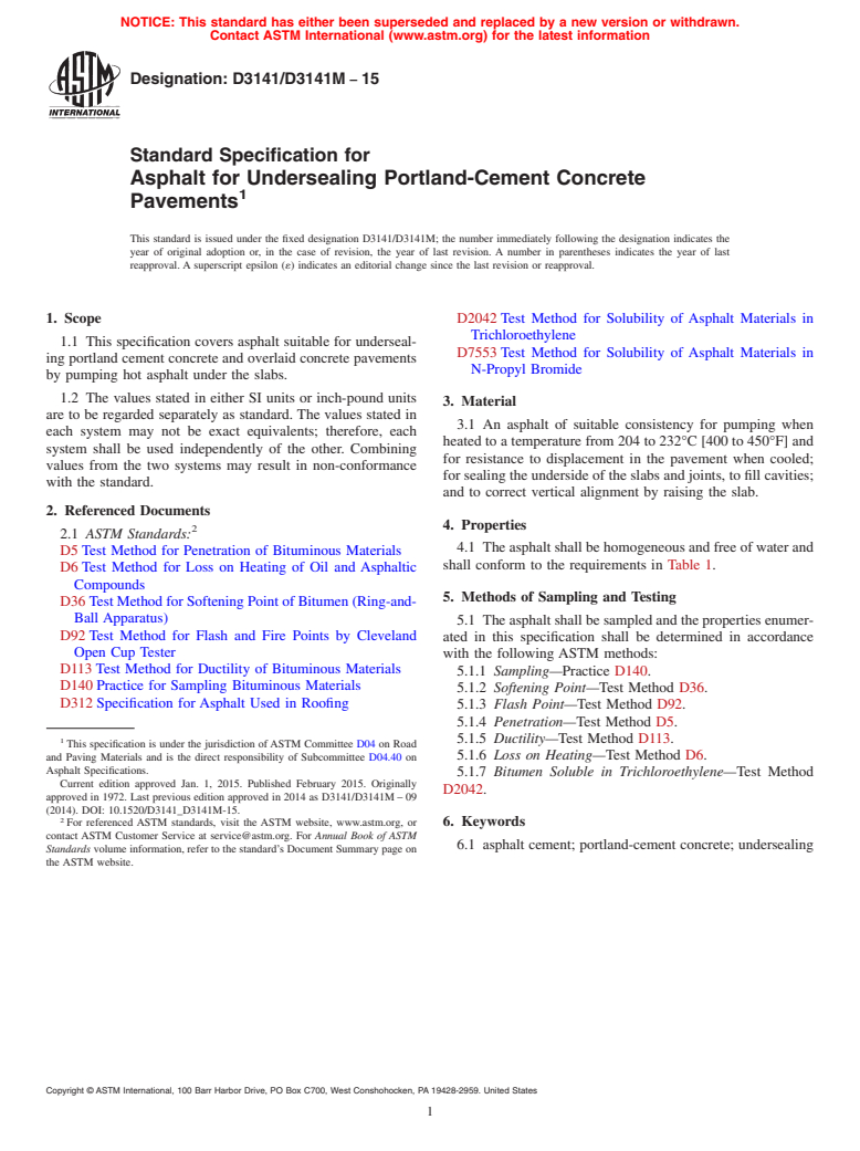 ASTM D3141/D3141M-15 - Standard Specification for Asphalt for Undersealing Portland-Cement Concrete Pavements