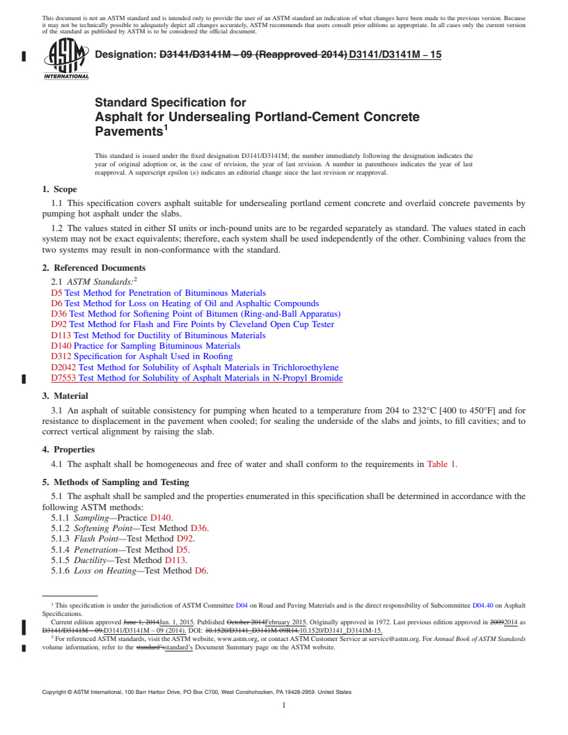 REDLINE ASTM D3141/D3141M-15 - Standard Specification for Asphalt for Undersealing Portland-Cement Concrete Pavements