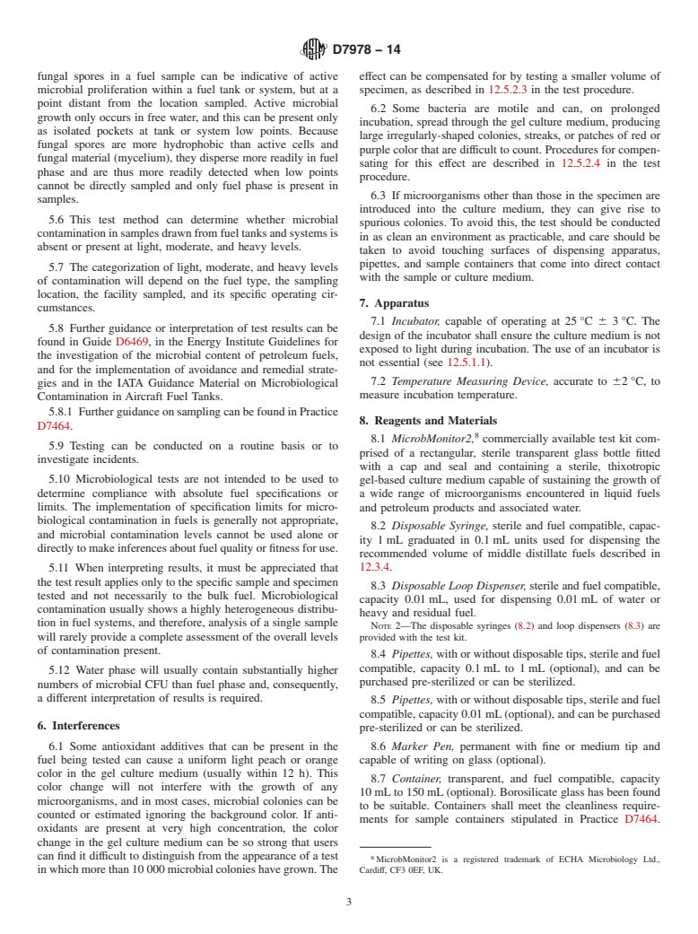 ASTM D7978-14 - Standard Test Method for Determination of the Viable Aerobic Microbial Content of Fuels  and Associated Water&mdash;Thixotropic Gel Culture Method