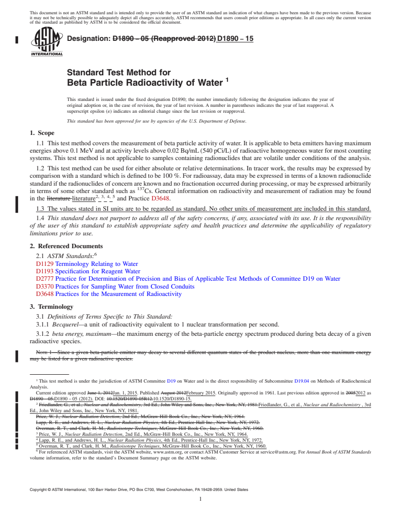 REDLINE ASTM D1890-15 - Standard Test Method for  Beta Particle Radioactivity of Waterâ€‰