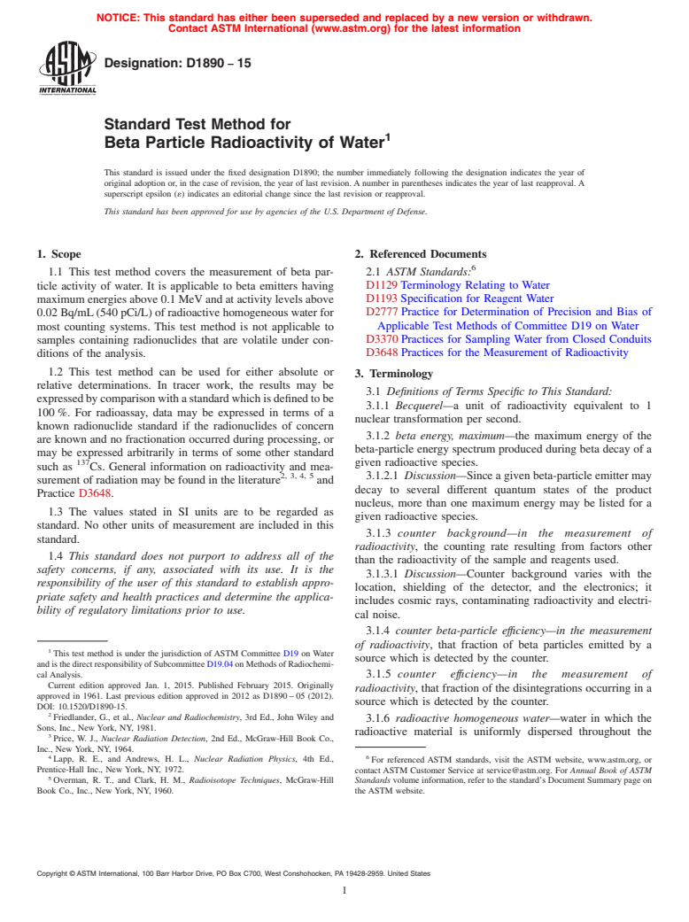 ASTM D1890-15 - Standard Test Method for  Beta Particle Radioactivity of Waterâ€‰