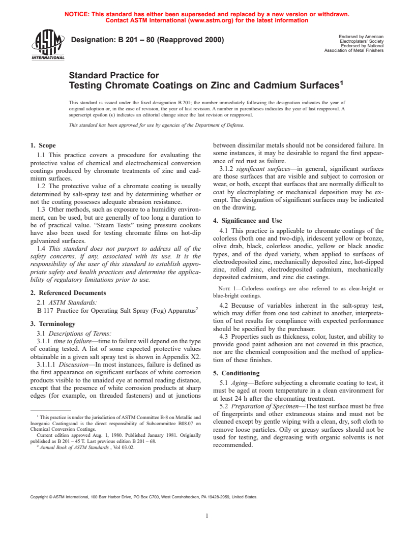 ASTM B201-80(2000) - Standard Practice for Testing Chromate Coatings on Zinc and Cadmium Surfaces