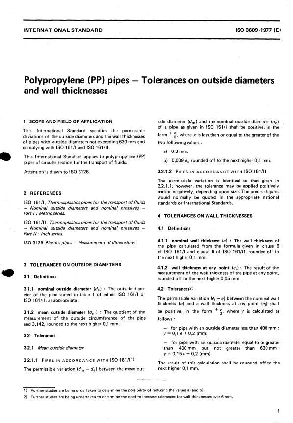 ISO 3609:1977 - Polypropylene (PP) pipes -- Tolerances on outside diameters and wall thicknesses